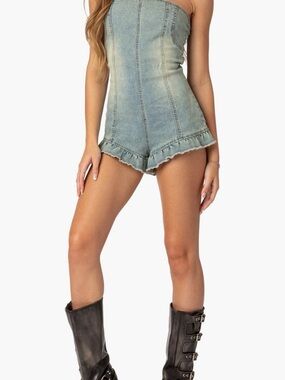 Edikted Light Wash Strapless Denim Romper